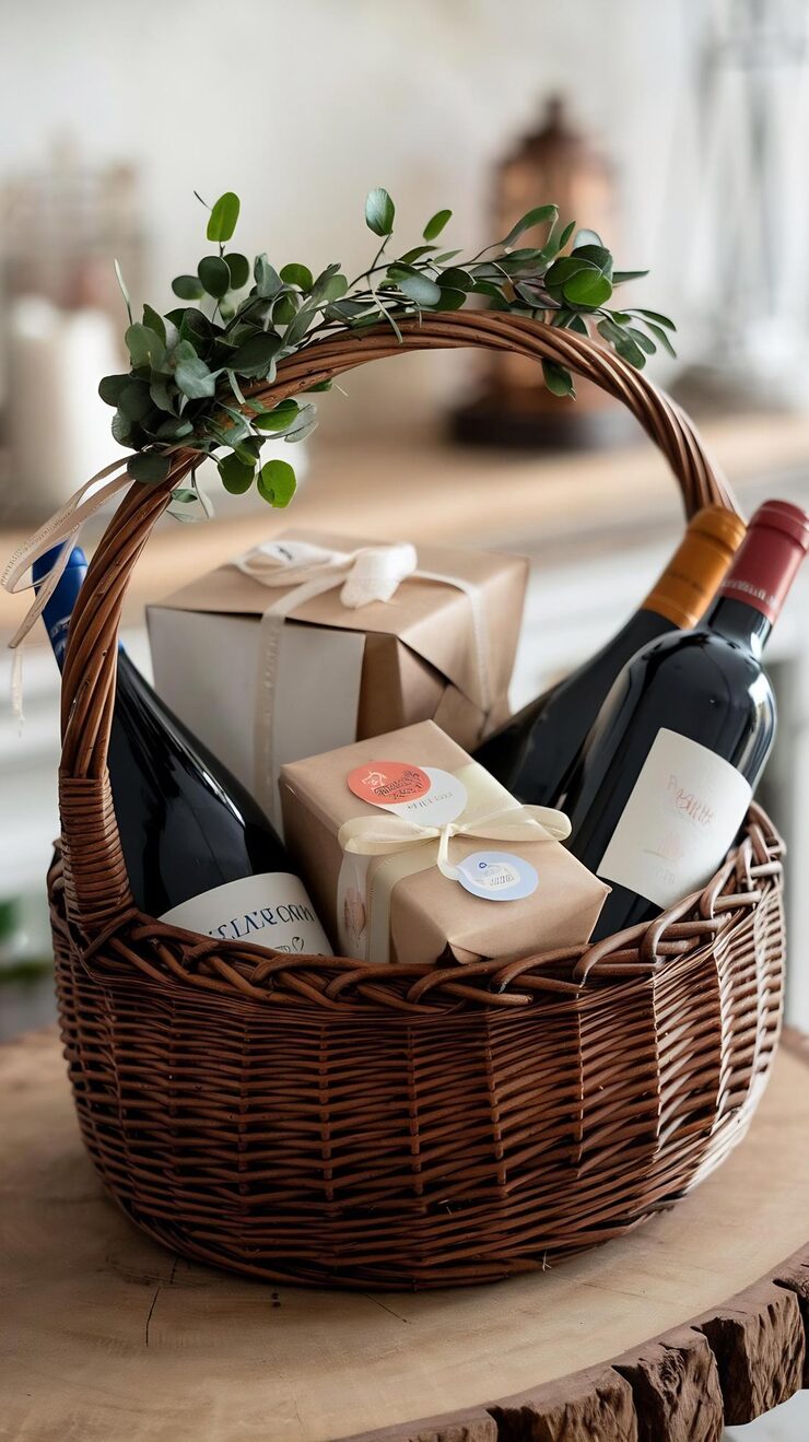 botella vino cajas regalo cesta mimbre sobre fondo borroso