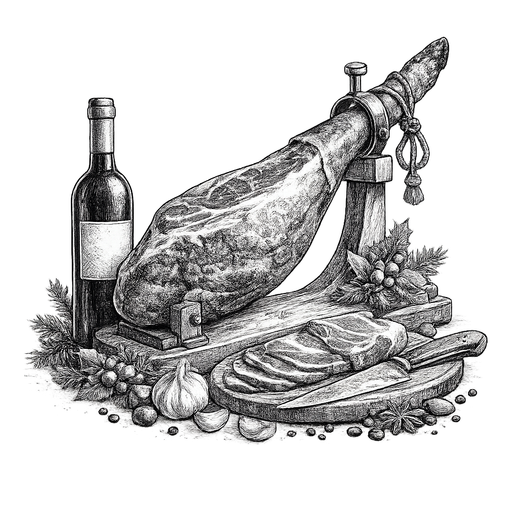 ilustración de jamón y vino