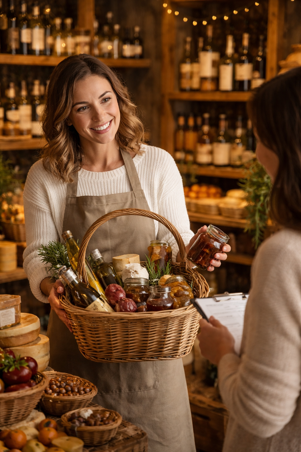 mujer atendiendo en una tienda conc estas navideñas